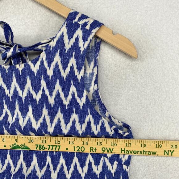 J.CREW Dress XS Linen Cotton Ikat Chevron Bowback Sleeveless Ruffle Hem Blue - Picture 10 of 12